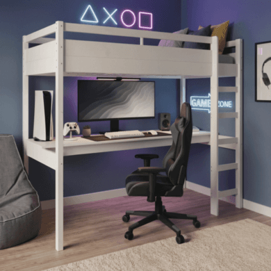 High Sleeper Loft Gaming Bed with Desk in White - Wyatt