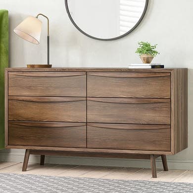 Wide Walnut Mid-Century 6 Drawer Chest of Drawers with Legs - Frances