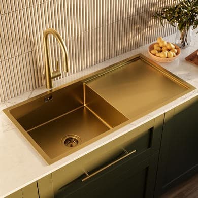 Single Bowl Brushed Brass Stainless Steel Inset Kitchen Sink with Pull Out Mixer Tap Set - Enza