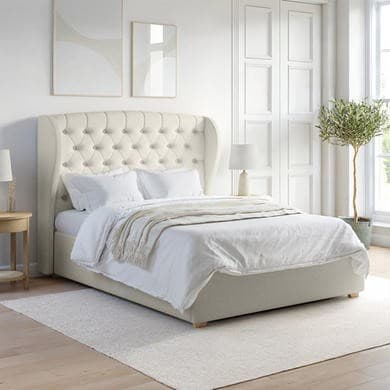 Cream Woven - End-Lift Ottoman Storage Bed with Winged Headboard - Safina