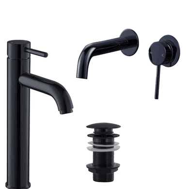 Shiny Black Tall Basin Mixer Tap with Wall Mounted Bath Tap & Unslotted Waste - Arissa