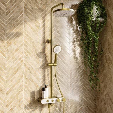GRADE A1 - Brushed Brass Round Thermostatic 3 Outlet Mixer Shower Set with Bath Filler Spout Push Buttons and Shelf- Mika