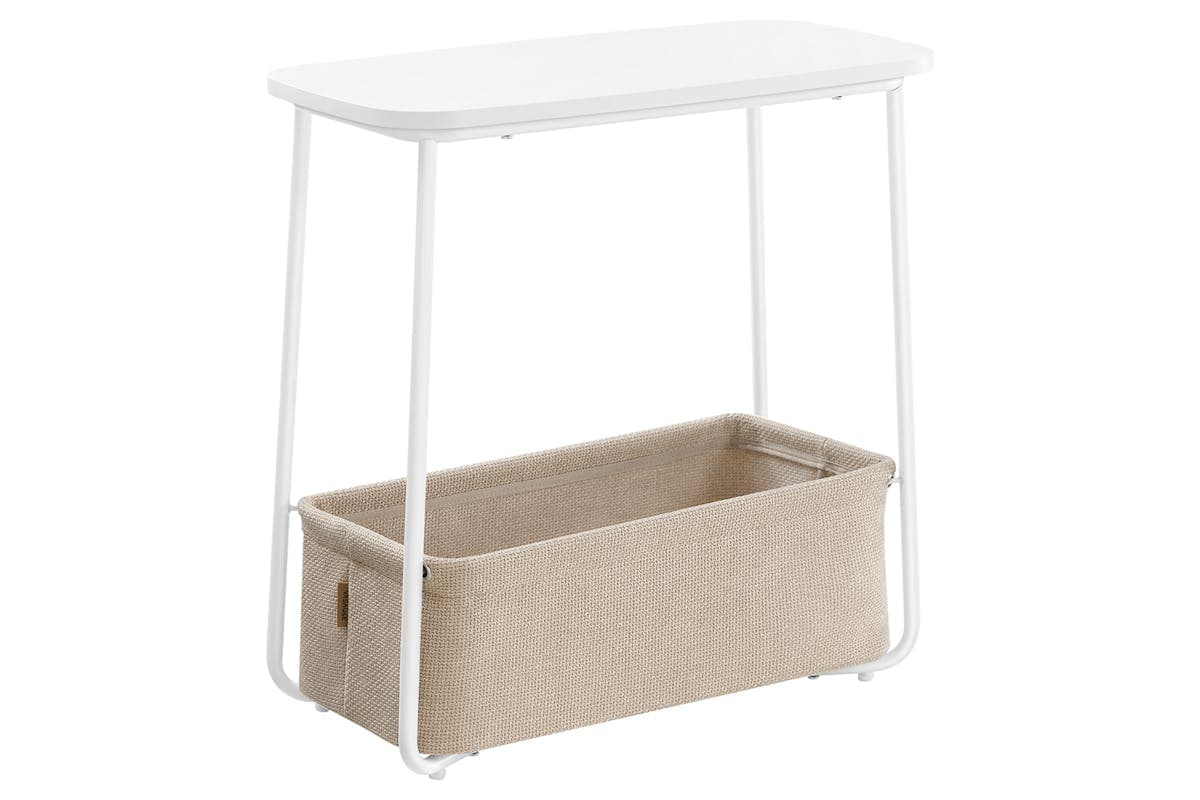 Vasagle Side End Table with Fabric Basket Modern Nightstand | Matte White/Camel Brown