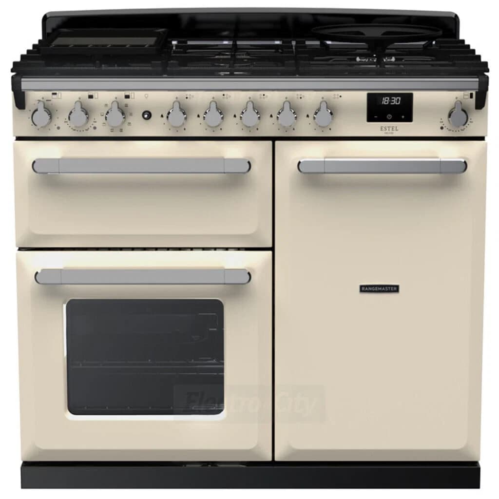 Rangemaster Estel Deluxe 100cm Dual Fuel Range Cooker | Pale Cream with Chrome Trim