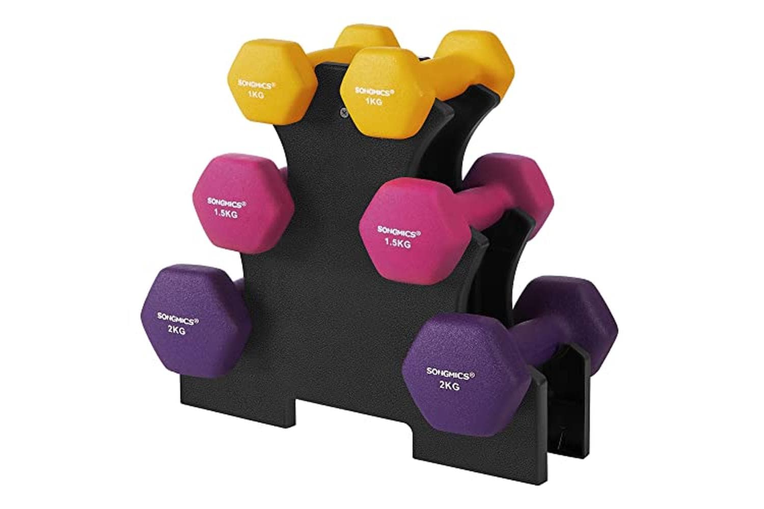 Songmics Hex Dumbbells Set With Stand | Hand Weights | Neoprene | 1 Kg, 1.5 Kg, 2 Kg