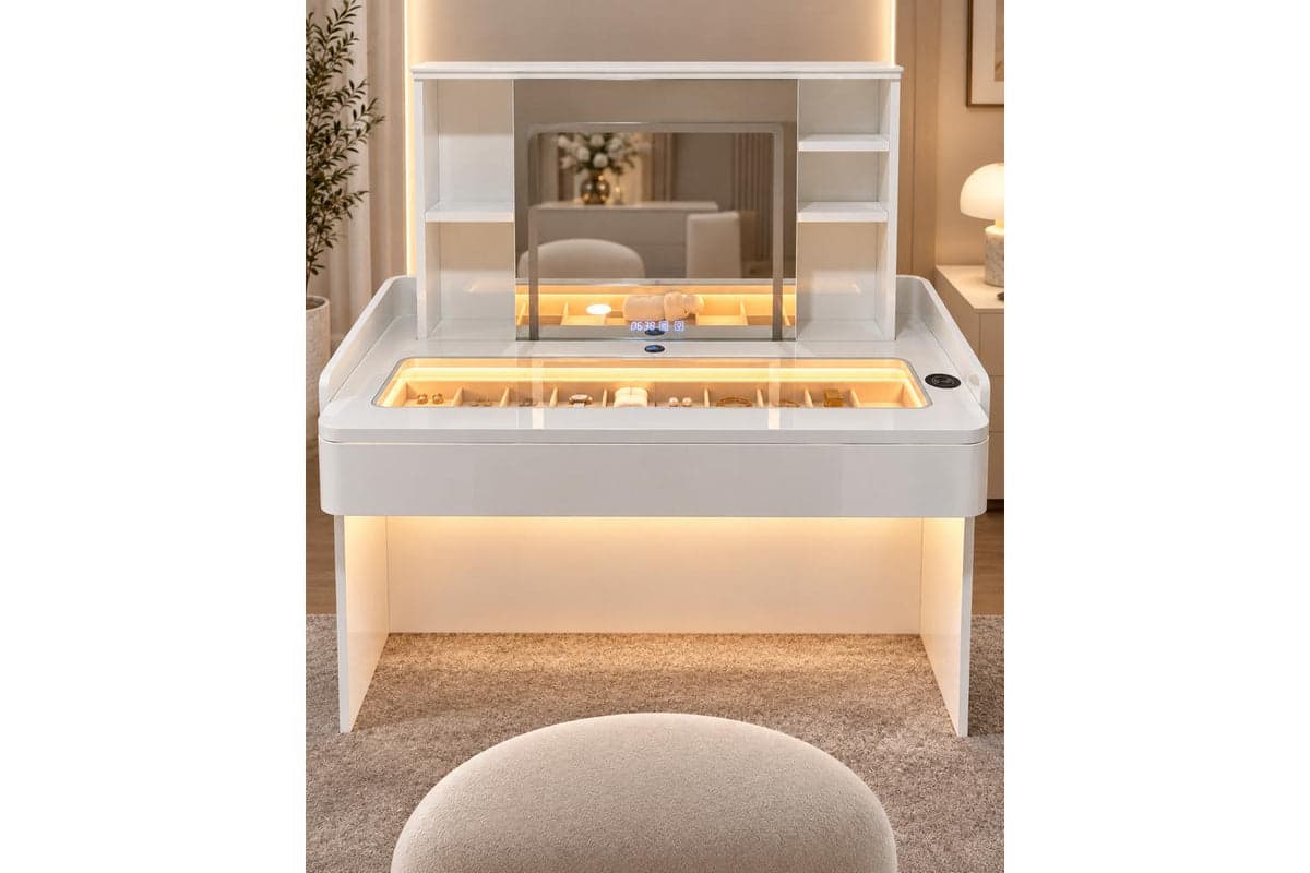 Glamour Elevate Station 1.2m Curve Vanity Table | Solid Wood & Ceramic | White