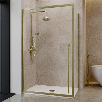 ONLY OPENED - 1200x800mm Brushed Brass 8mm Glass Sliding Shower Enclosure with Extended Handle - Pavo