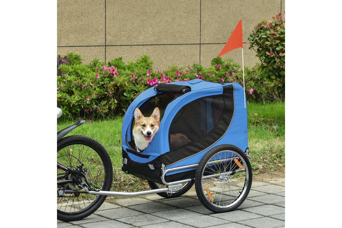 PawHut B4-0003-008 Folding Bicycle Pet Trailer with Removable Cover | Black/Blue