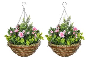 Artificial Small Hanging Plants with Basket | Pink/Green | Set of 2