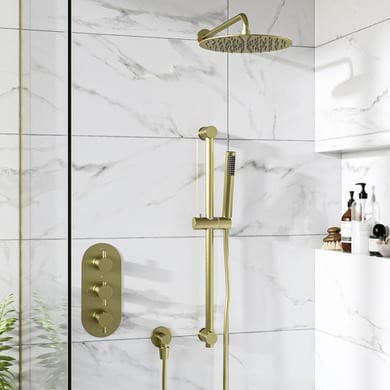 Brushed Brass 2 Outlet Wall Mounted Thermostatic Mixer Shower Set with Hand Shower & Diverter - Arissa