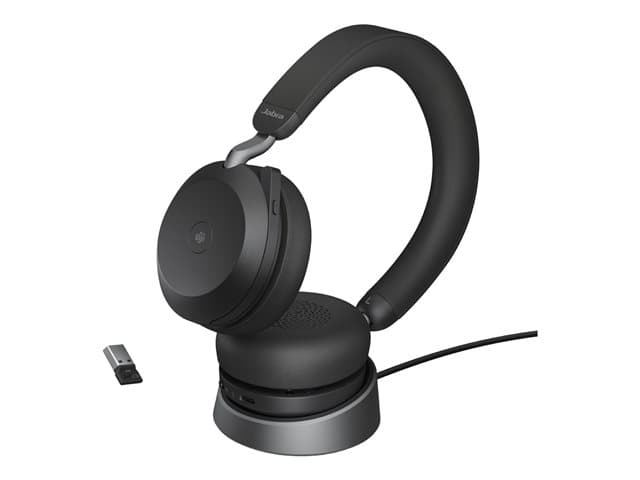 JABRA - Evolve2 75 - Headset - on-ear - Bluetooth - wireless - active noise cancelling - USB-A - noise isolating - black - with charging stand - Certified for Microsoft Teams