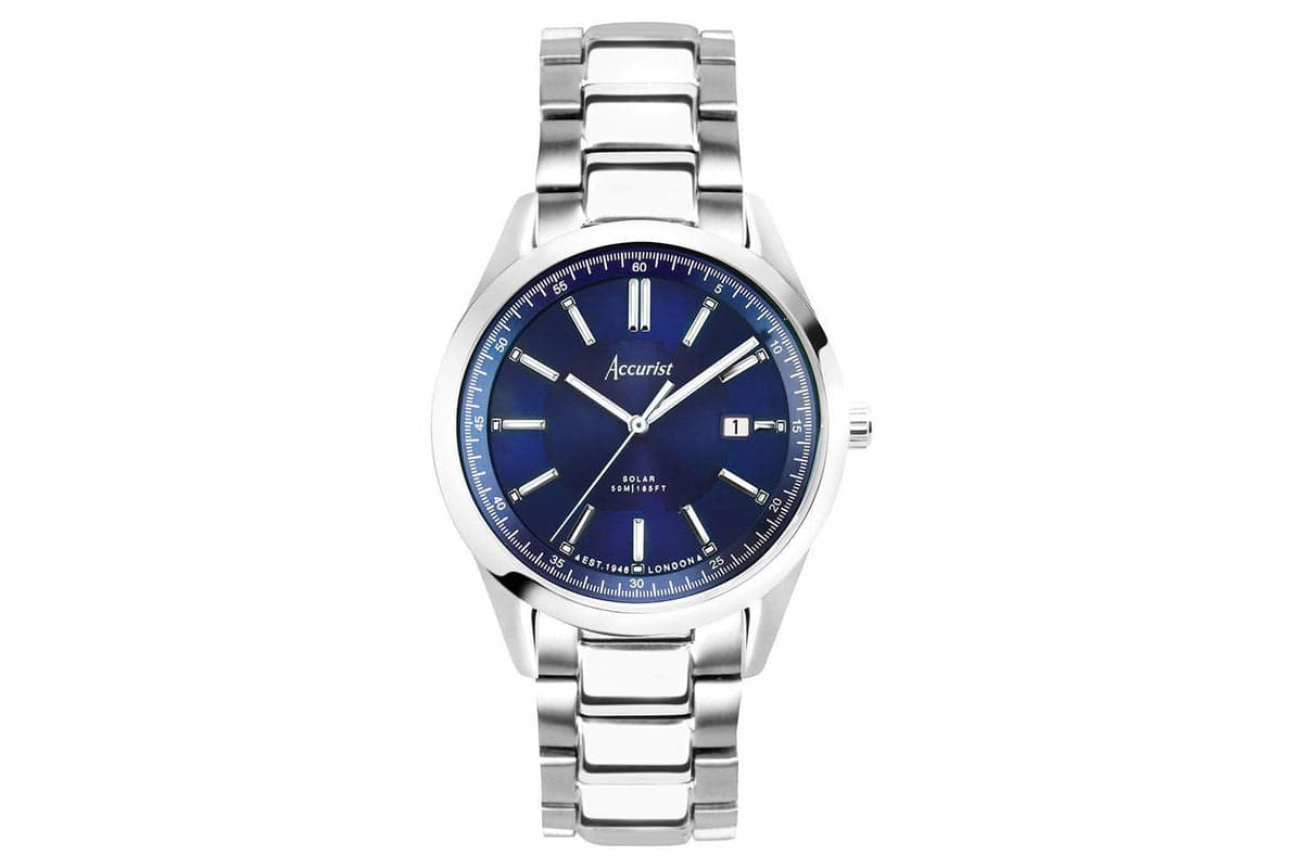 Accurist Everyday Solar Men's Watch | Silver Stainless Steel Case & Bracelet With Blue Dial | 40mm