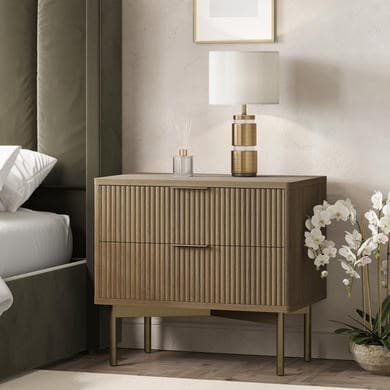 Wide Dark Wood and Bronze Ribbed 2 Drawer Bedside Table - Valencia