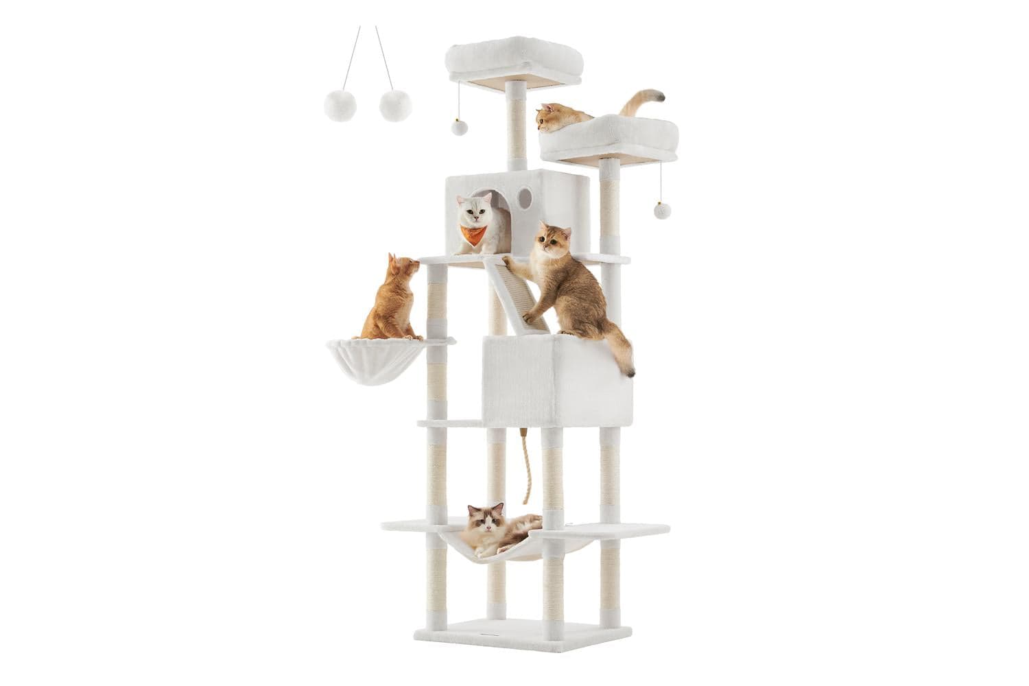 Multi-level Plush Cat Tree Tower | Cat Tree | Plush & Sisal | 206cm White