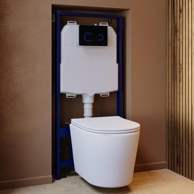 Matt White Wall Hung Rimless Toilet with Soft Close Seat, Black Glass Sensor Flush Plate, 1168mm Frame & Cistern – Verona