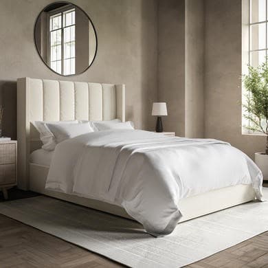 Cream - Velvet End-Lift Ottoman Storage Bed with Winged Headboard - Maddox