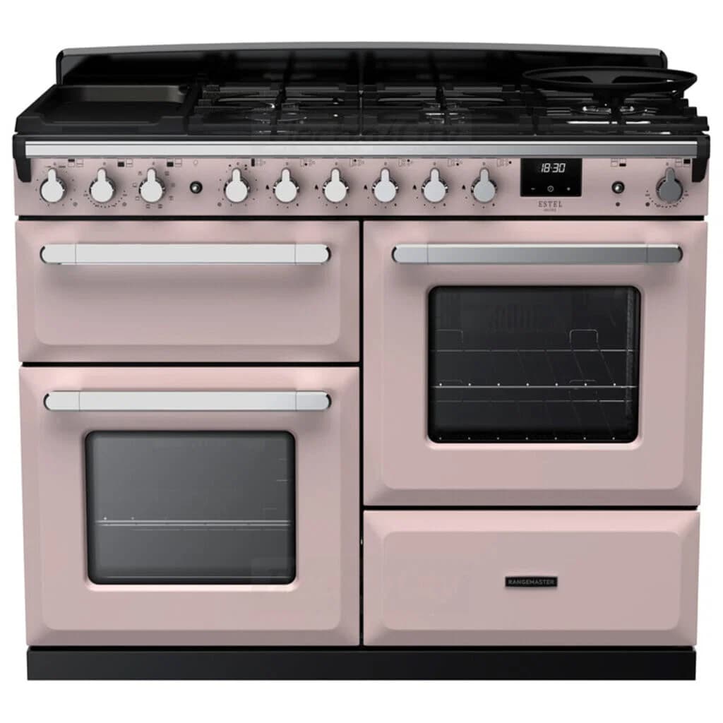 Rangemaster Estel Deluxe 110cm Dual Fuel Range Cooker | Pale Pink with Chrome Trim