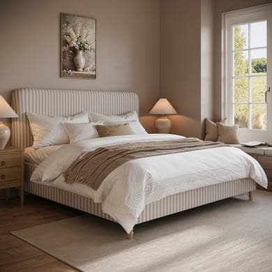 Cream and Beige - Striped Upholstered Ottoman Storage Bed with Curved Headboard - Farrow