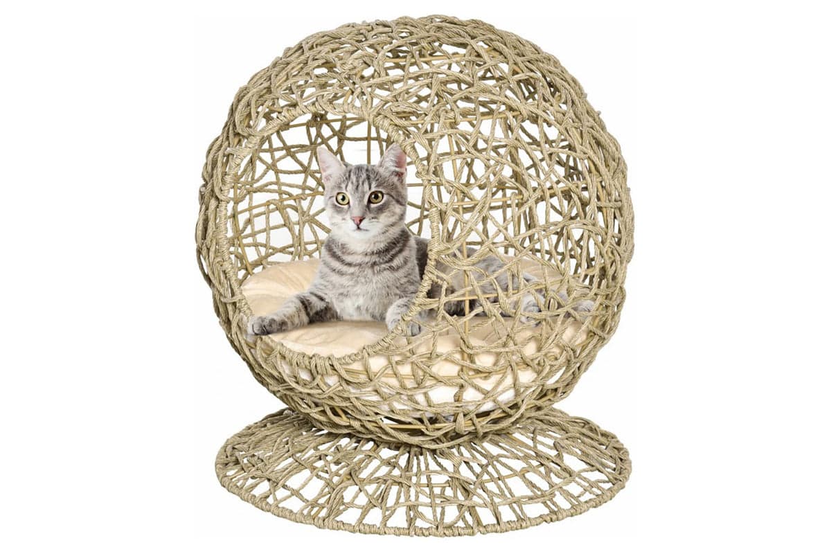 Pawhut D30-402 Wicker Cat Bed House with Soft Cushion | Brown