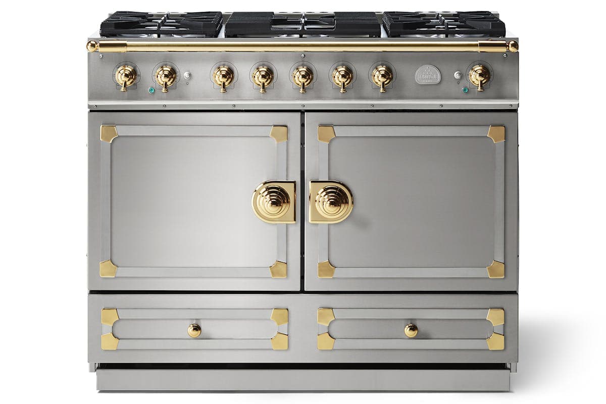 La Cornue CornuFe 110cm Dual Fuel Range Cooker with Polished Brass Accent | LC110DFPW/PBSS | Stainless Steel