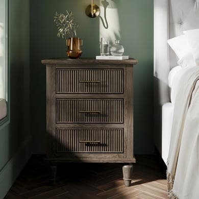 Dark Wood Ribbed 3 Drawer Bedside Table - Farah