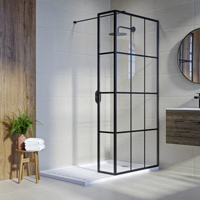 700mm Black Grid Shower Screen for Wet Room & Walk In Shower with 300mm Hinged Fixed Panel- Nova