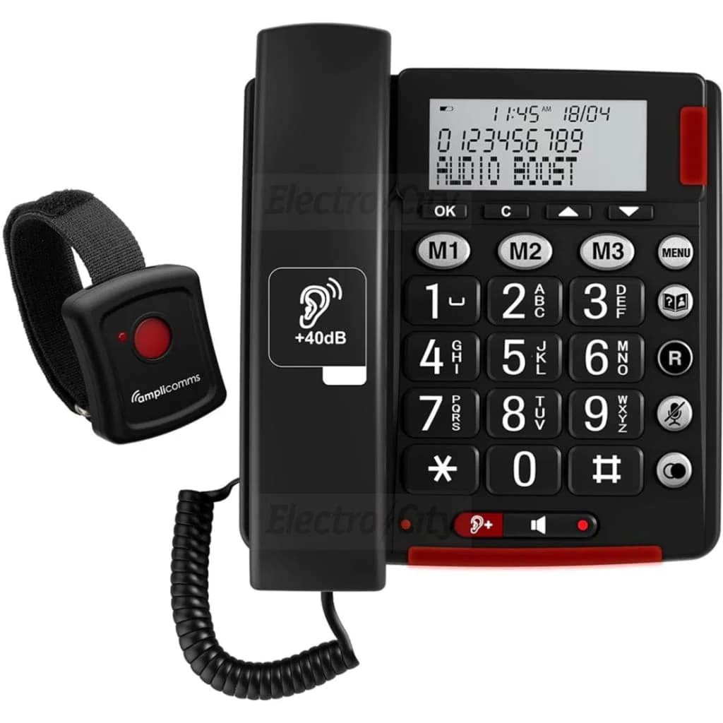 Amplicomms BigTel 50 Plus Big Button Amplified Home Phone with Emergency Alarm | Black
