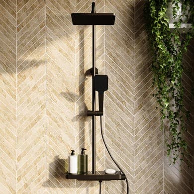 ONLY OPENED - Black Thermostatic Mixer Shower Set with Push Button & Shelf - Mika