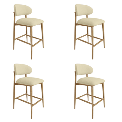 Set of 4 Cream Upholstered Curved Kitchen Stools with Limewash Solid Wood Exposed Back - Kori