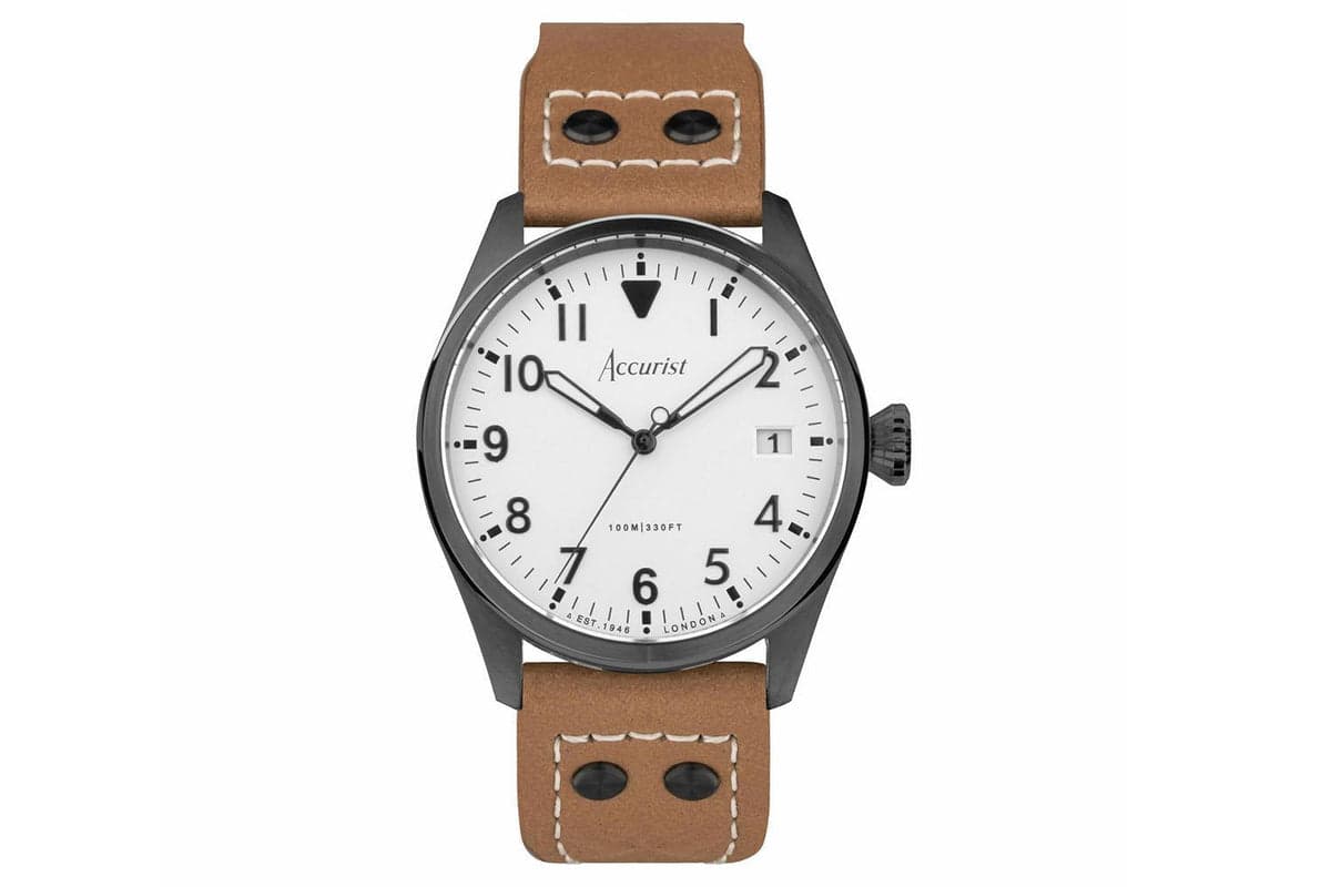 Accurist Aviation Men's Watch | Black Case & Beige Leather Strap With White Dial | 41mm