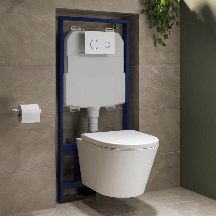 Wall Hung Rimless Toilet with Soft Close Seat, White Glass Sensor Flush Plate, 1168mm Frame & Cistern – Newport