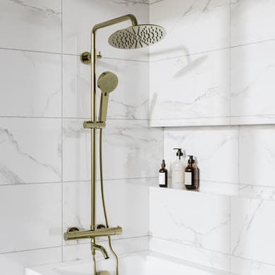 GRADE A1 - Brushed Brass Round Thermostatic Mixer Shower Set with Bath Filler Spout - Arissa