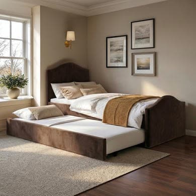 Chocolate brown - Upholstered Single Guest Bed With Trundle - Elsie