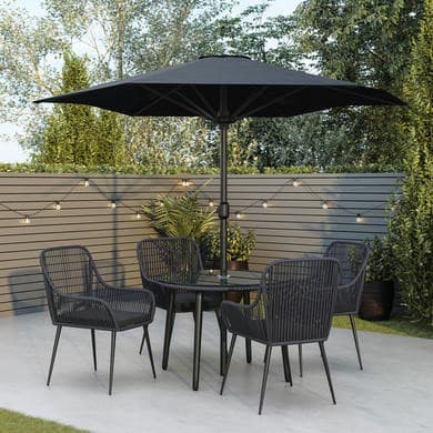 4 Seater Black Rope Round Garden Dining Set with Matching Parasol