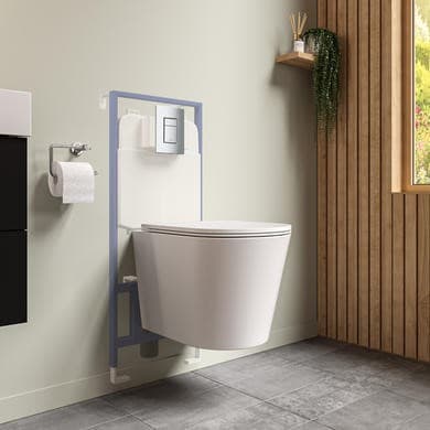 Matt White Wall Hung Rimless Toilet with Soft Close Seat, Chrome Pneumatic Flush Plate, Grohe Frame & Cistern – Verona
