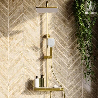 ONLY OPENED - Brushed Brass Thermostatic Mixer Shower Set with Push Button & Shelf - Mika