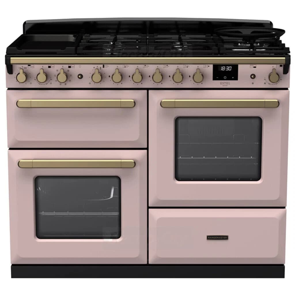 Rangemaster Estel Deluxe 110cm Dual Fuel Range Cooker | Pale Pink with Brass Trim