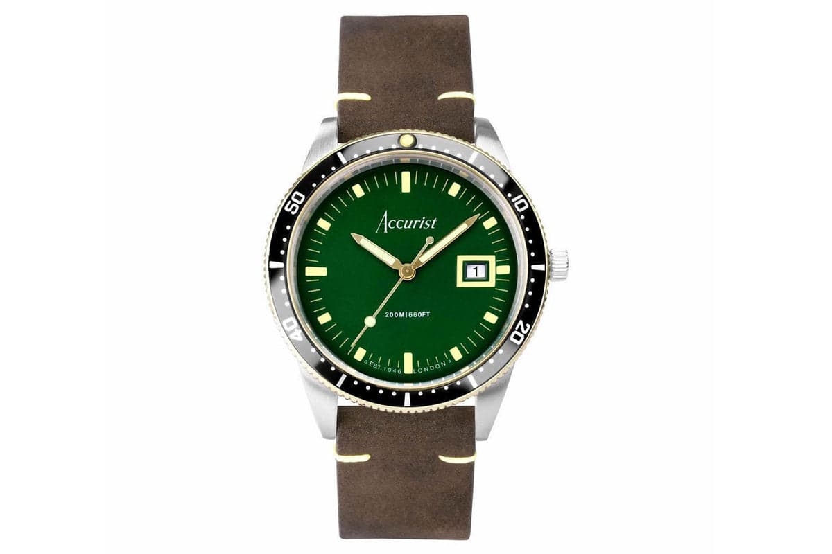 Accurist Dive Men's Watch | Two Tone Case & Brown Leather Strap With Samphire Green Dial | 42mm