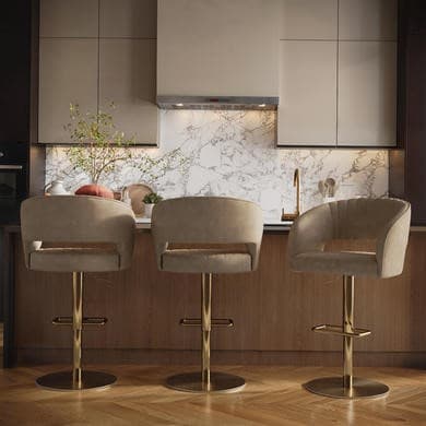 Set of 3 Curved Beige Faux Leather Adjustable Swivel Bar Stools with Gold Base - Runa