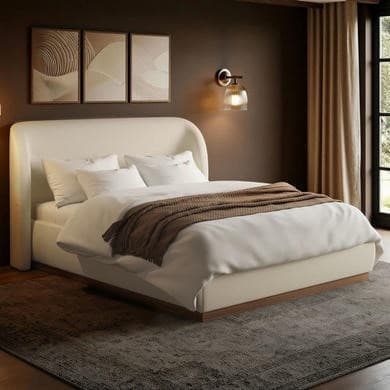 Cream Upholstered Ottoman Bed with Curved Headboard - Adelyn