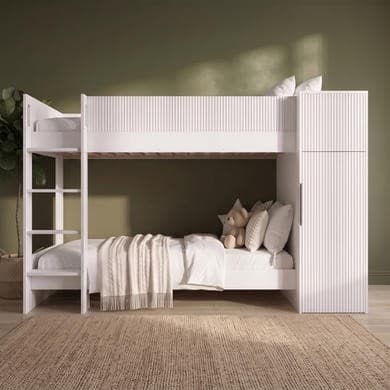 White Ribbed Bunk Bed with Storage and Wardrobe - Riya