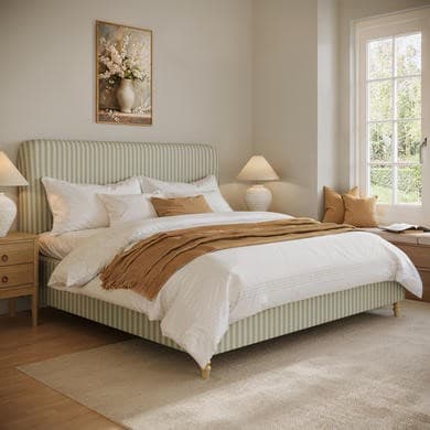 Green Striped Upholstered Super King Ottoman Bed with Curved Headboard - Farrow