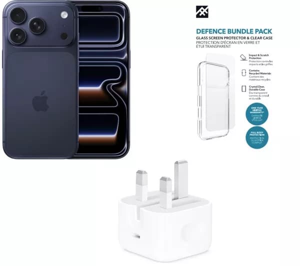 APPLE iPhone 17 Pro - (256 GB, Deep Blue), 20 W USB Type-C Power Adapter & Zagg Defence Clear Case & Screen Protector Bundle