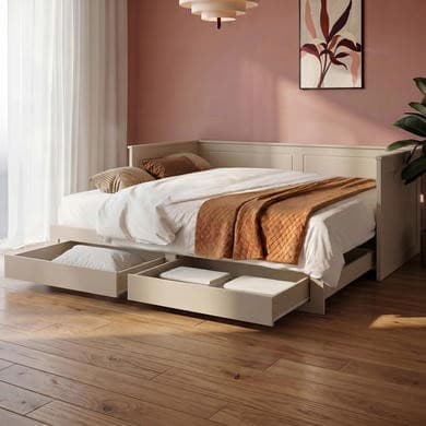 Beige - Double Wooden Day Bed With Trundle and Storage - Lincoln