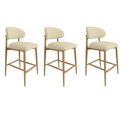 Set of 3 Cream Upholstered Curved Kitchen Stools with Limewash Solid Wood Exposed Back - Kori
