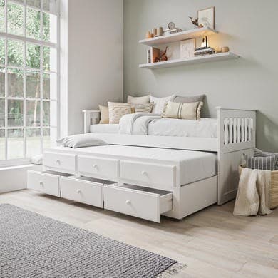 Single White Wooden Guest Bed with 3 Drawers and Trundle - Oxford