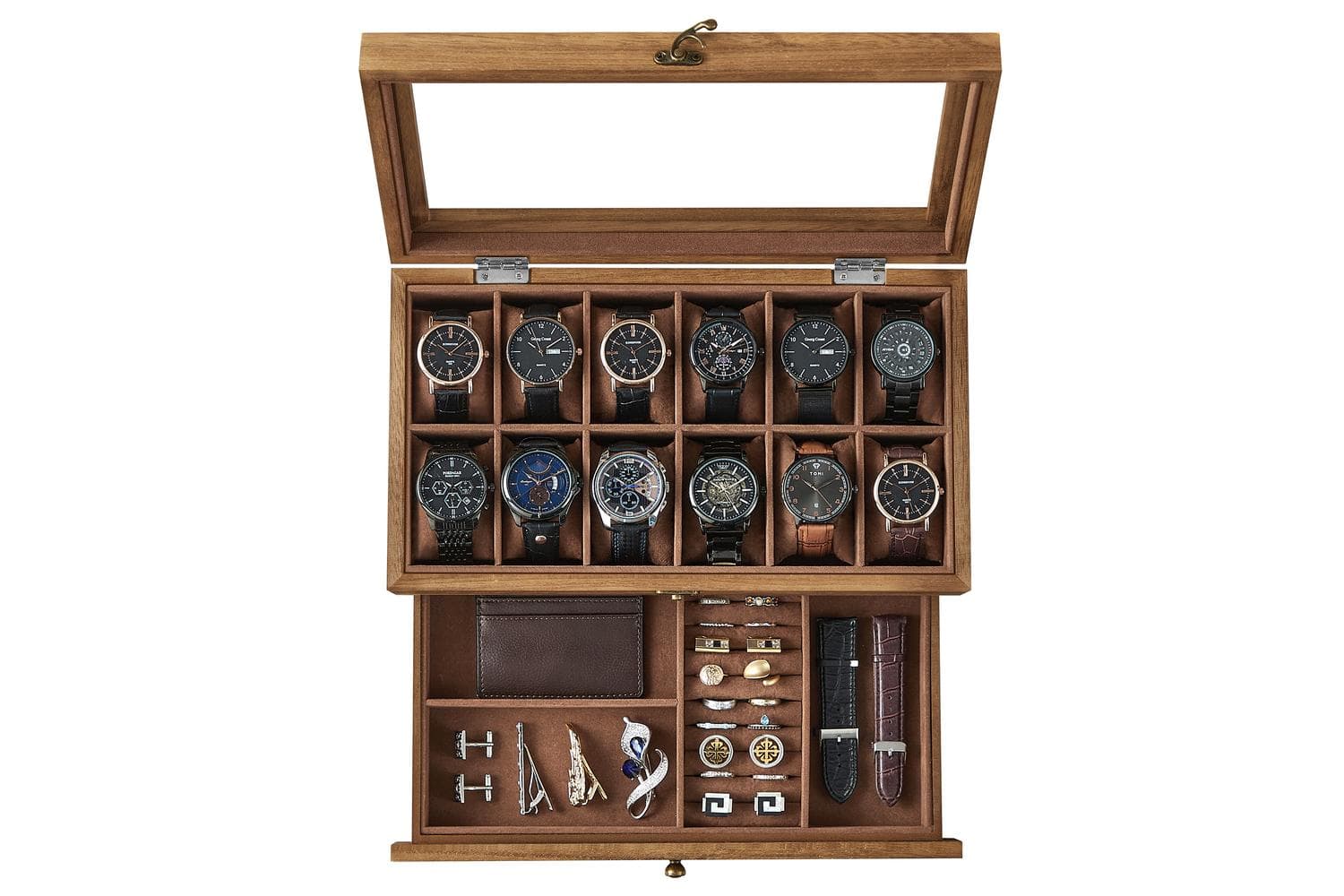 12-slot Watch Box | Wooden Watch And Jewellery Organiser | Glass Lid | Brown