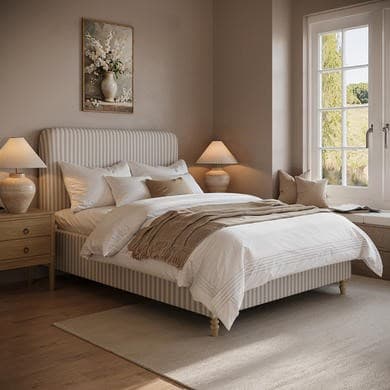 Cream and Beige - Striped Upholstered Ottoman Storage Bed with Curved Headboard - Farrow