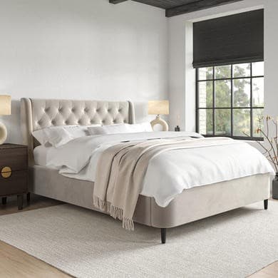Beige - Upholstered End-Lift Chesterfield Ottoman Storage Bed with Legs - Amara