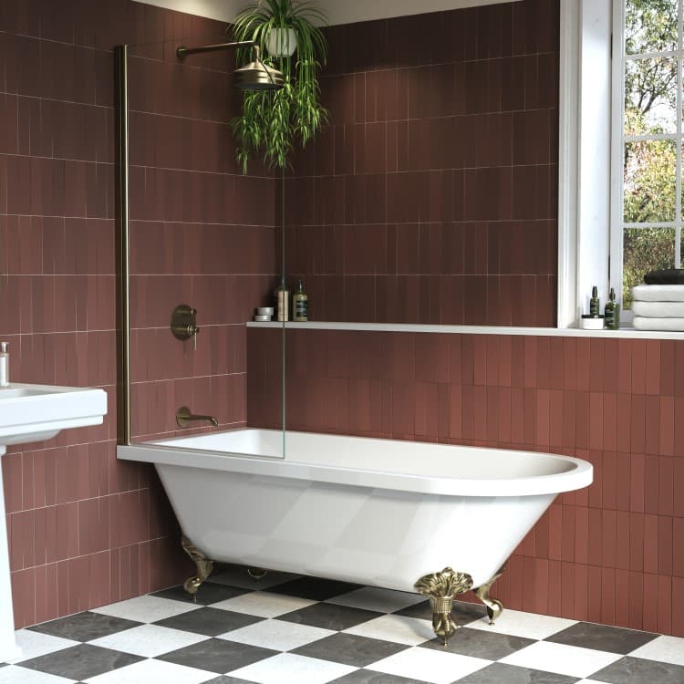 Freestanding Single Ended Shower Bath with Brushed Brass Screen & Feet 1670 x 740 mm - Park Royal